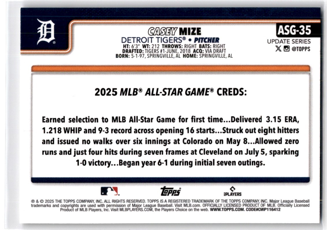 2025 Topps Update All-Star Game Casey Mize Detroit Tigers #ASG-35