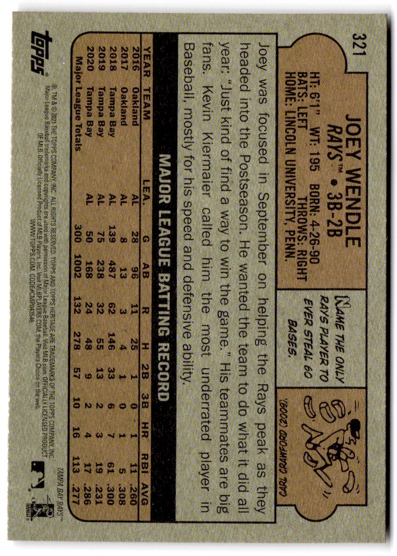 2021 Topps Heritage Joey Wendle #321 card back image
