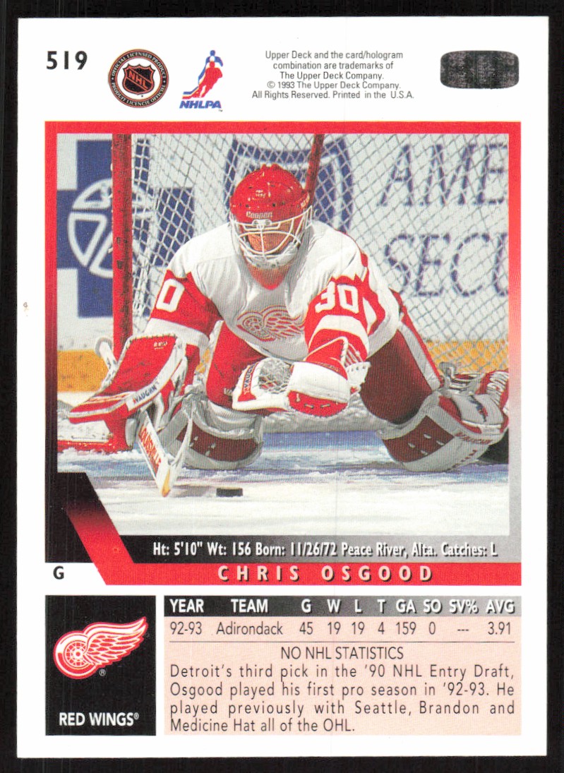 1993-94 Upper Deck Chris Osgood #519 card back image