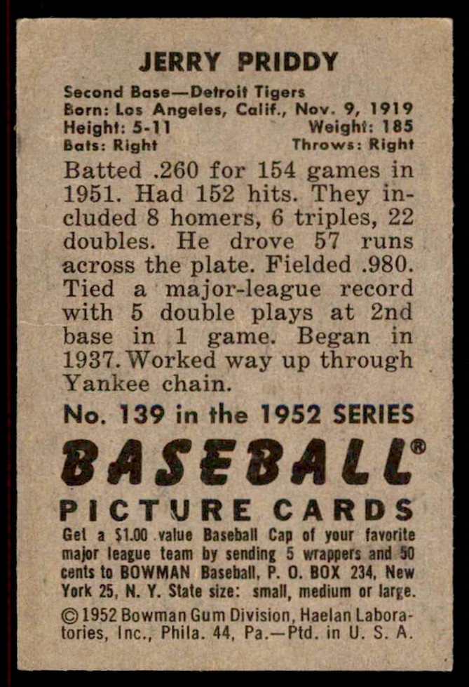 1952 Bowman Jerry Priddy #139 card back image