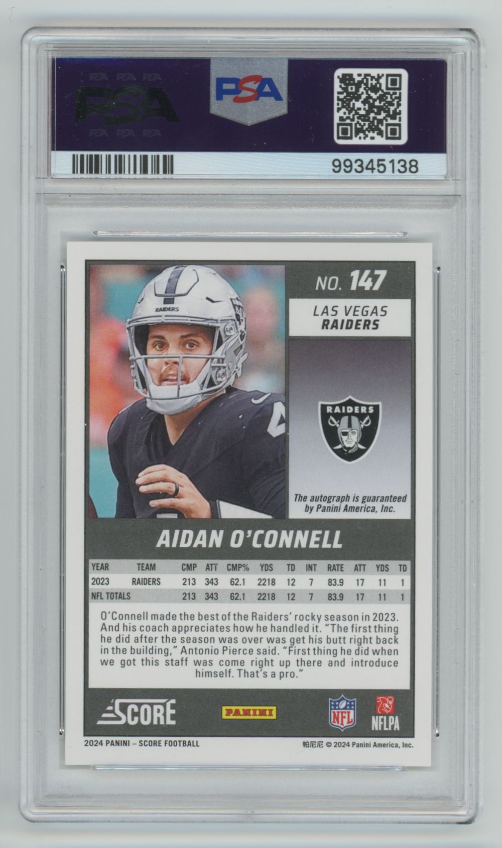 2024 Score Signature Aidan O'Connell Auto PSA 9 Las Vegas Raiders
