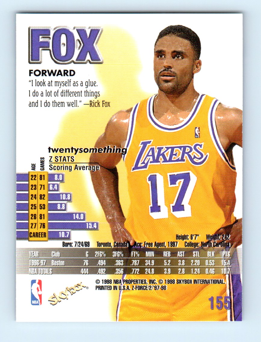 1997-98 SkyBox Z-Force Rick Fox #155 card back image