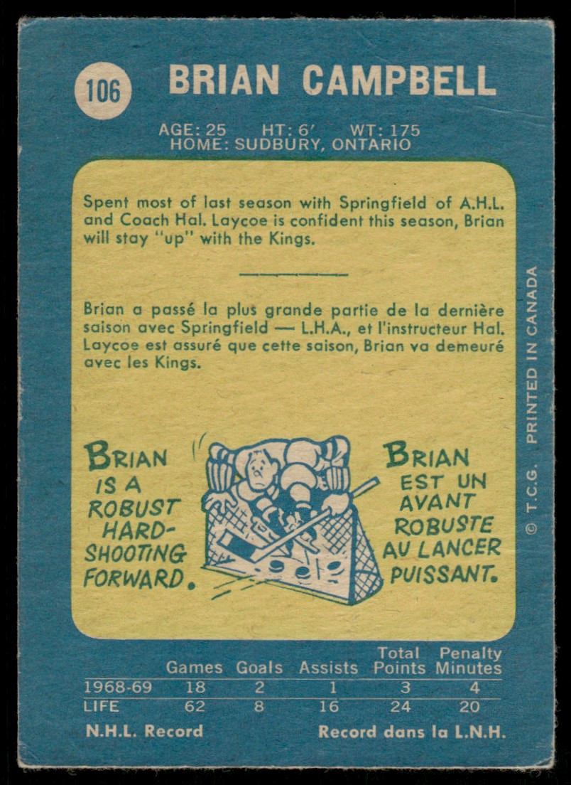 1968-69 O-Pee-Chee Hockey OPC Brian Campbell #106 card back image