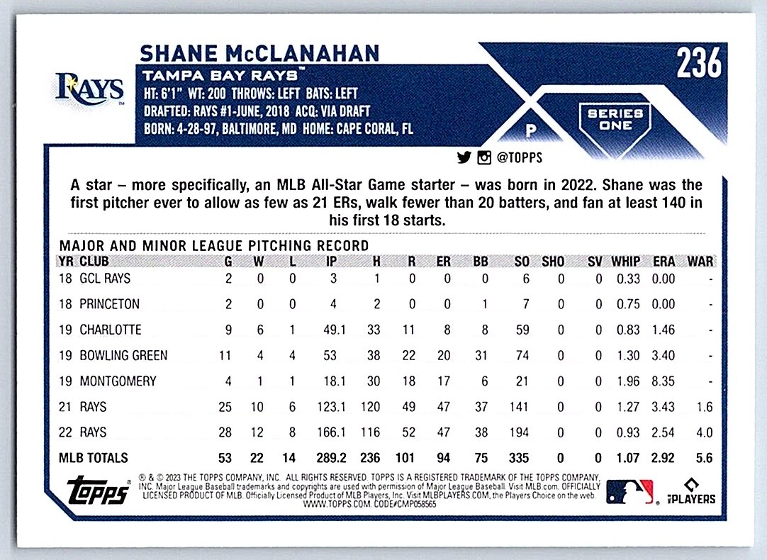 2023 Topps Shane McClanahan #236 card back image