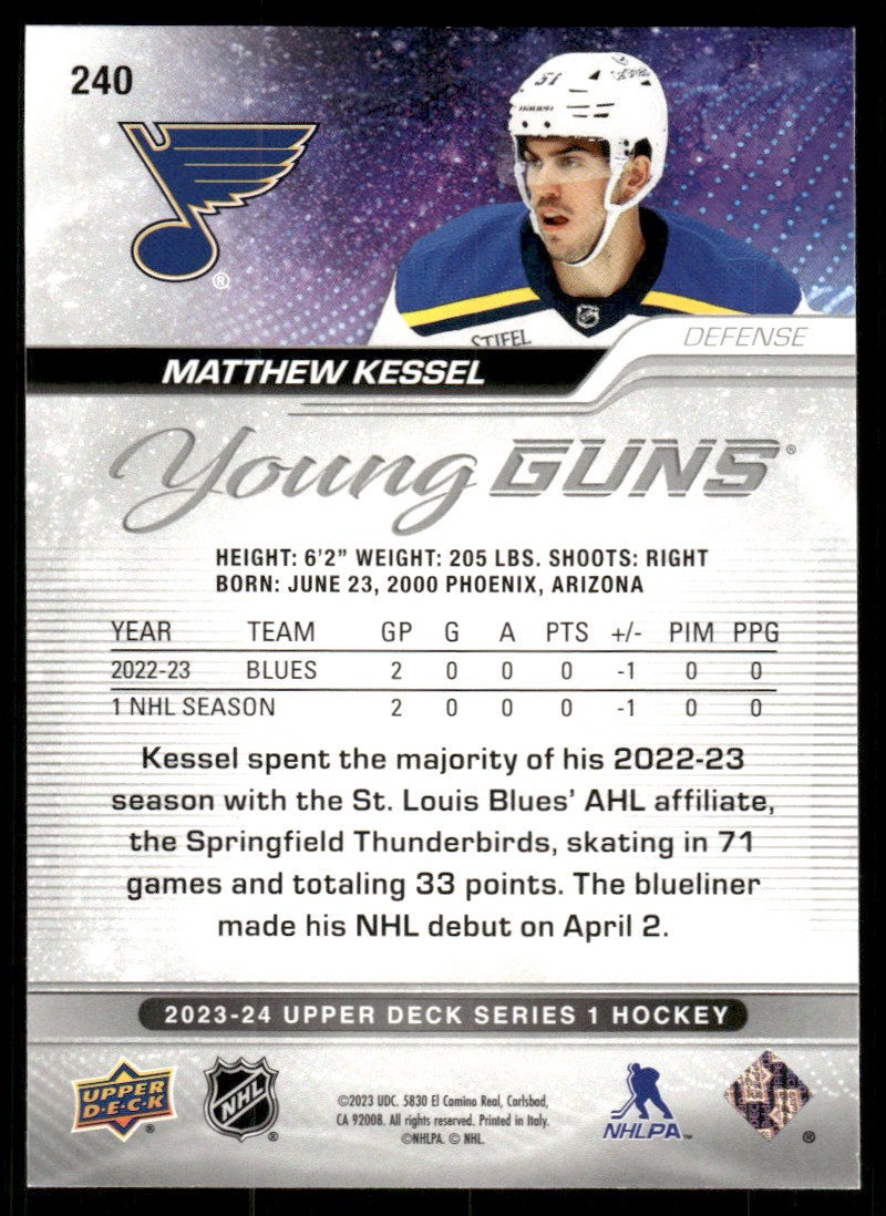 2023-24 Upper Deck YG Matthew Kessel #240 card back image