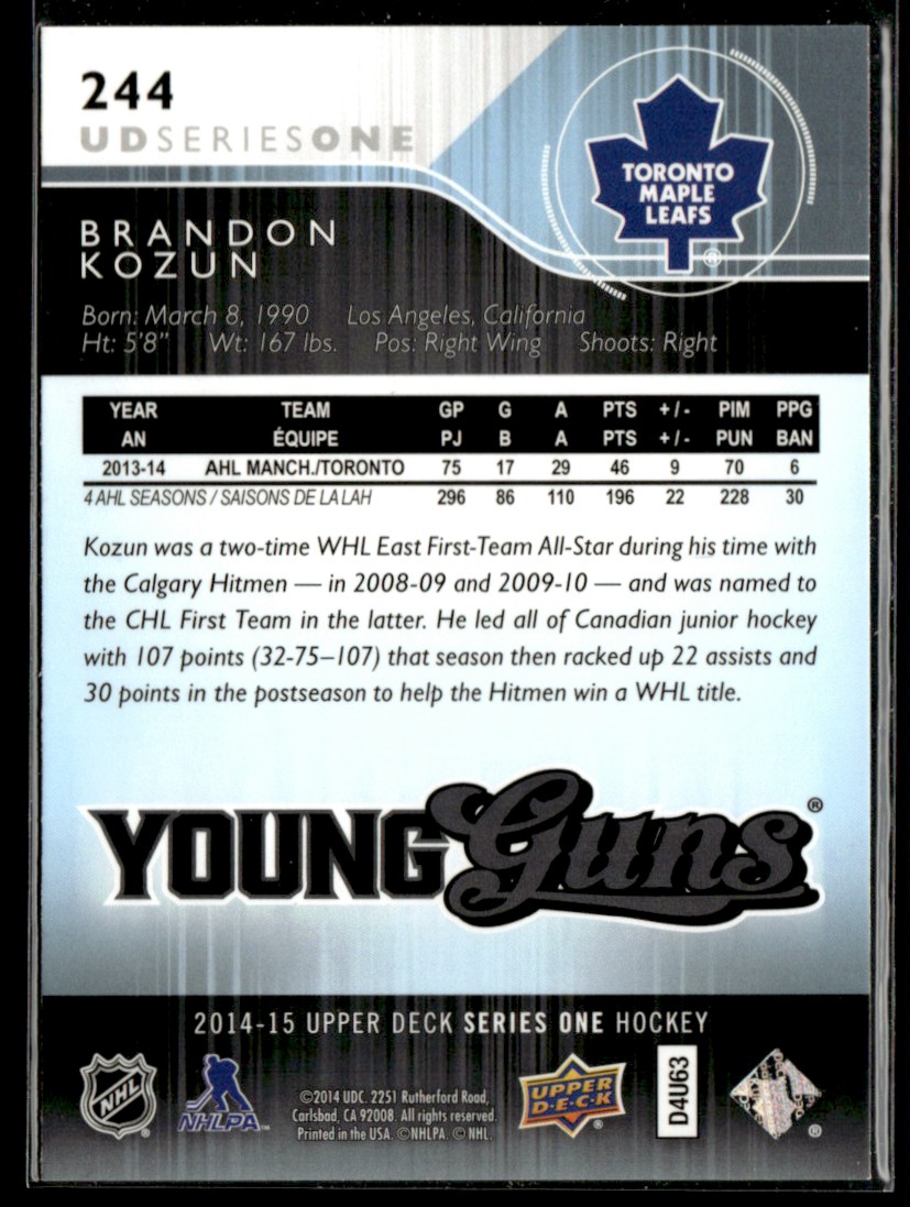 2014-15 Upper Deck Young Guns Brandon Kozun #244 card back image