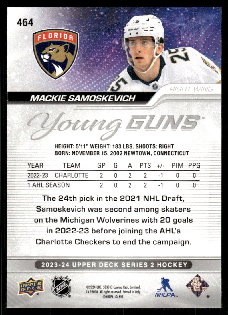 2023-24 Upper Deck YG Mackie Samoskevich #464 card back image