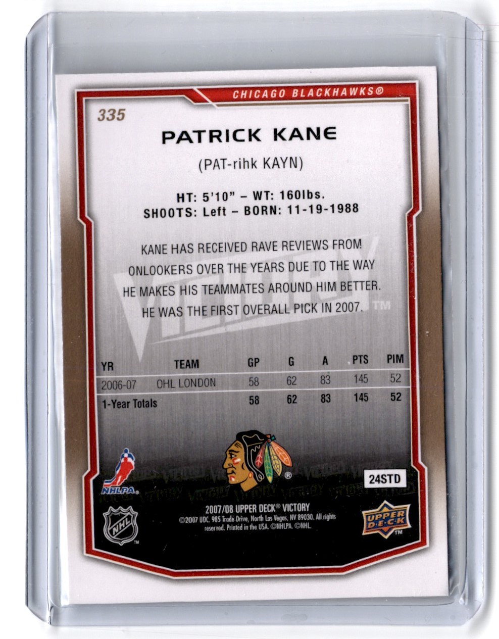 2007-08 Upper Deck Victory Rookie Patrick Kane #335 card back image