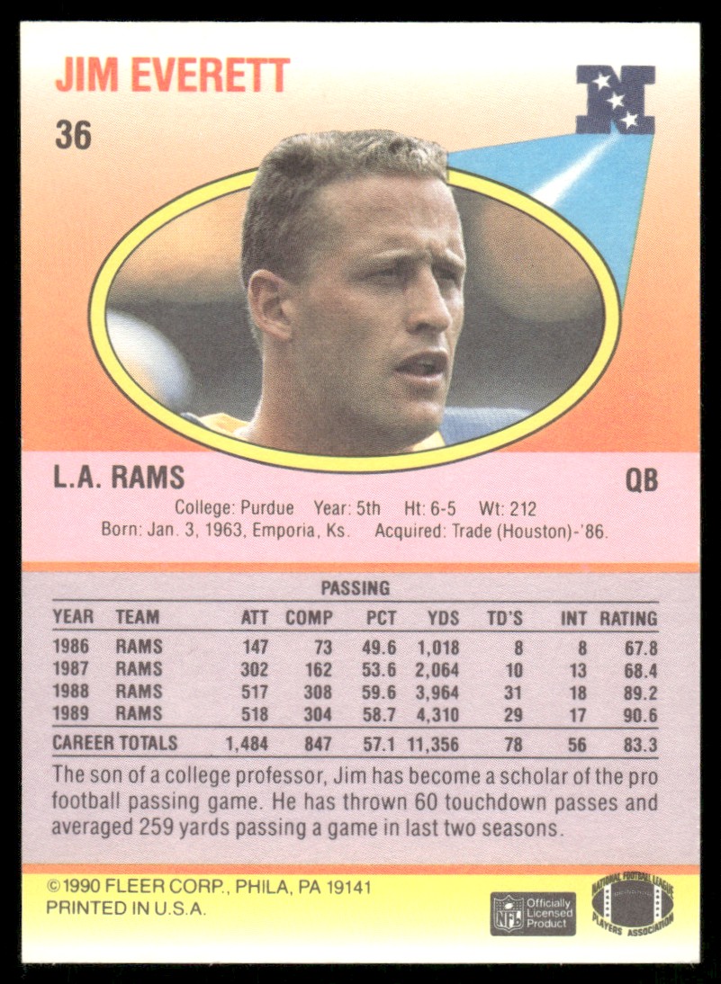 1990 Fleer Jim Everett #36 card back image