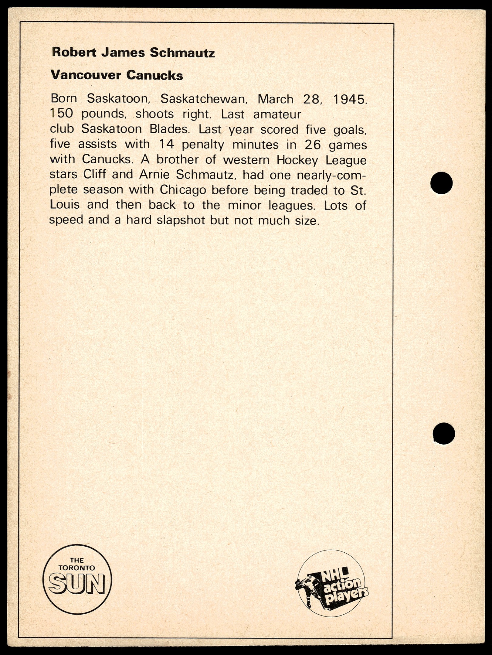 1971-72 Toronto Sun NHL Action Players Bobby Schmautz card back image