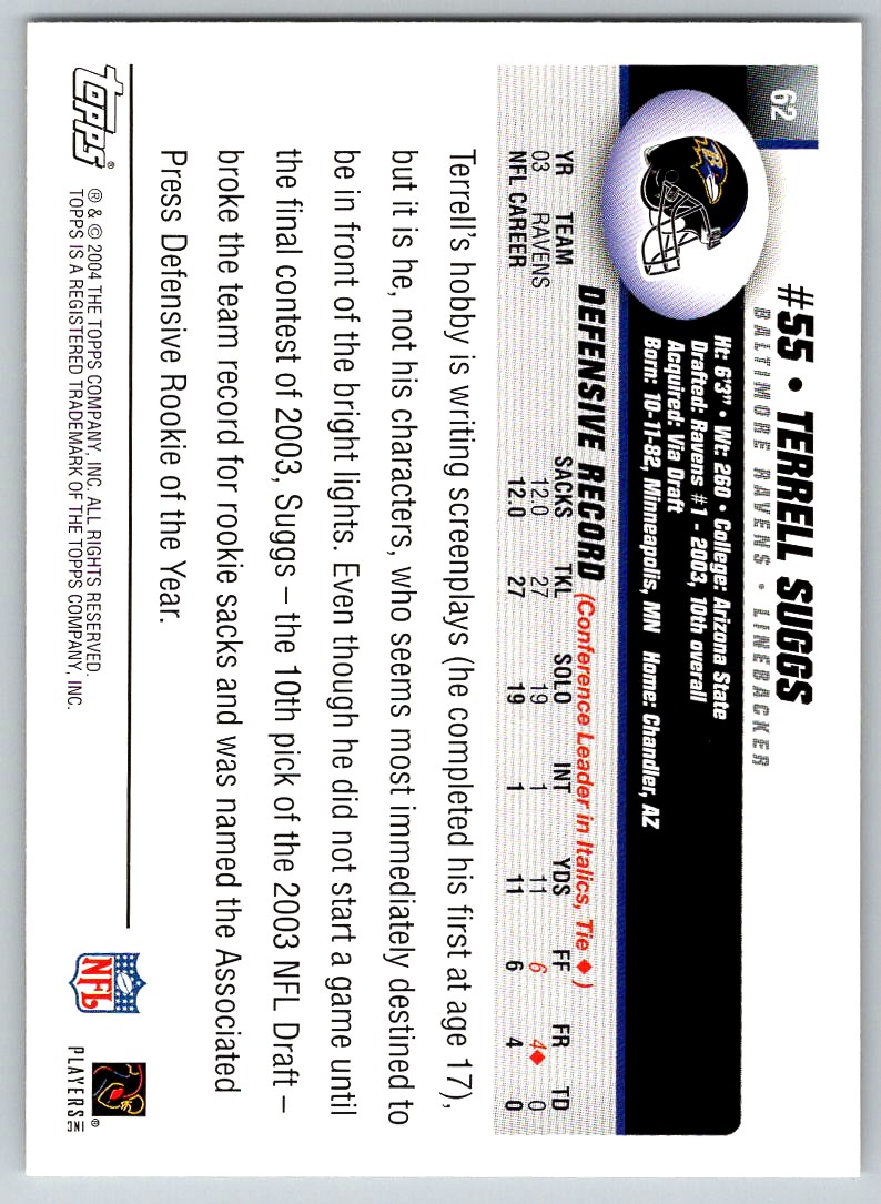 2004 Topps Terrell Suggs #62 Baltimore Ravens | eBay
