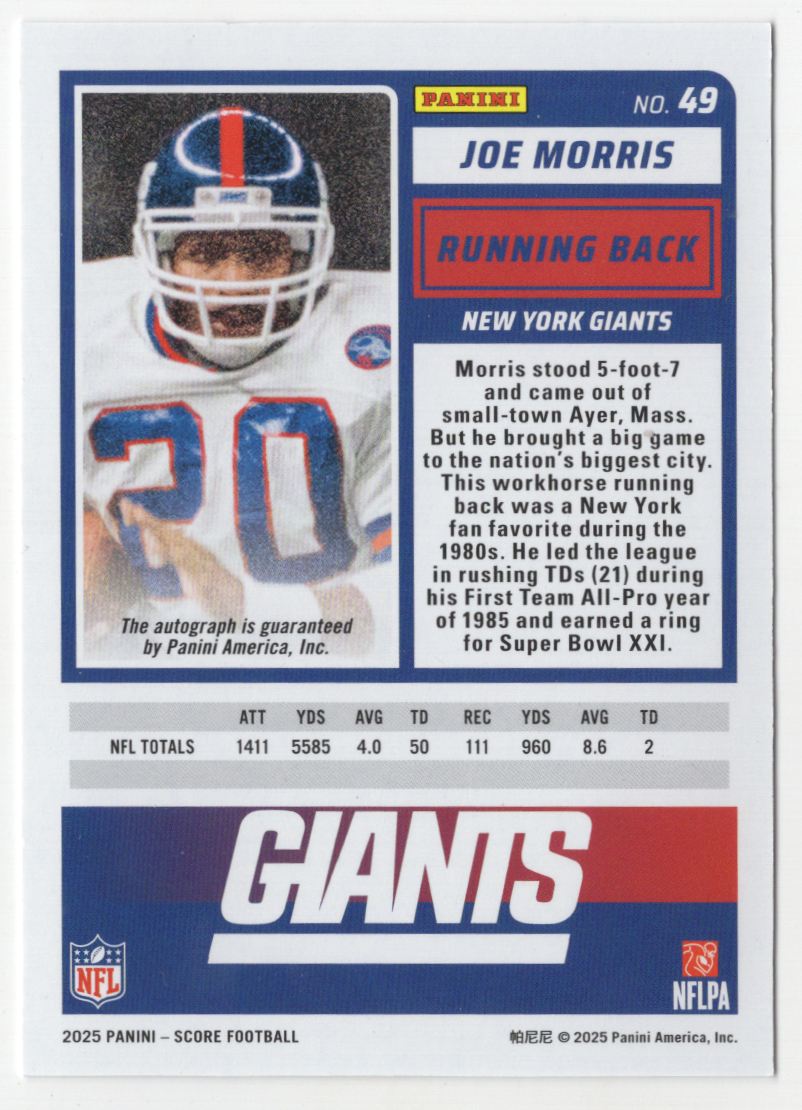 2025 Panini Score Joe Morris #49 card back image