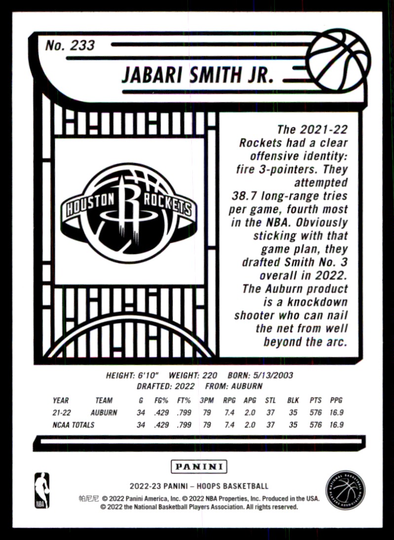 2022-23 Hoops Jabari Smith Jr. #233 card back image