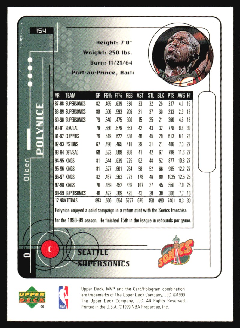 1999-00 Upper Deck MVP Olden Polynice #154 card back image