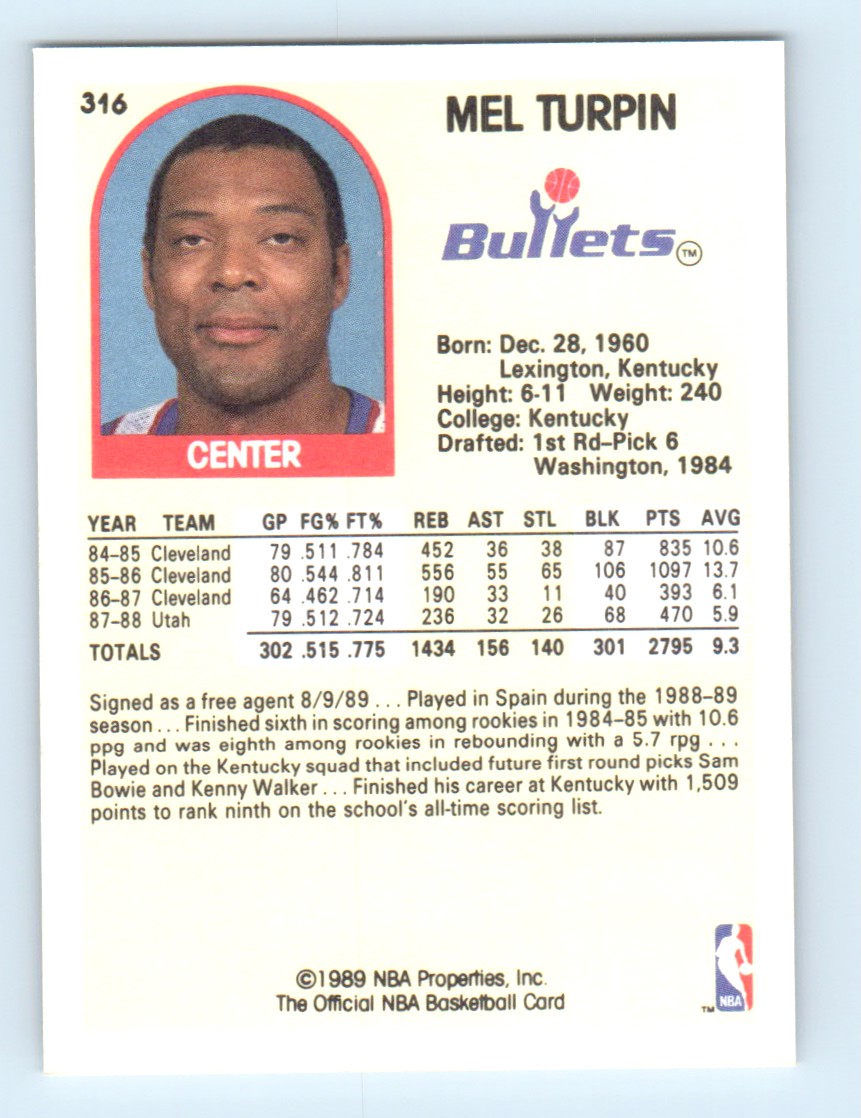 1989-90 Hoops Mel Turpin #316 card back image