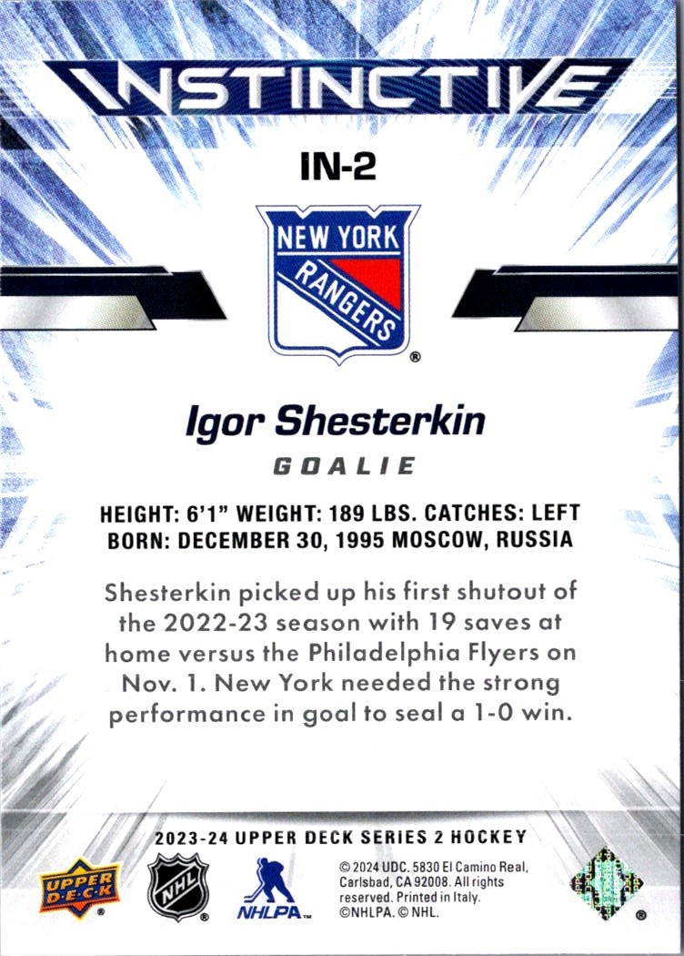 2023-24 Upper Deck Instinctive Igor Shesterkin #IN-2 card back image