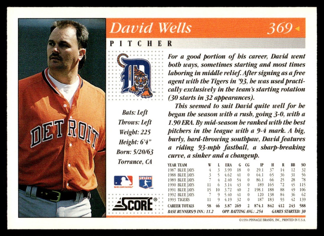 1994 Score #369 David Wells Detroit Tigers | eBay