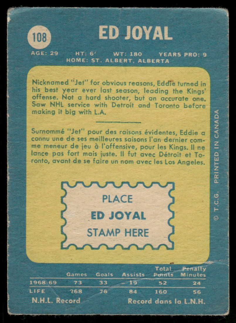 1969-70 O-Pee-Chee Hockey OPC Eddie Joyal #108 card back image