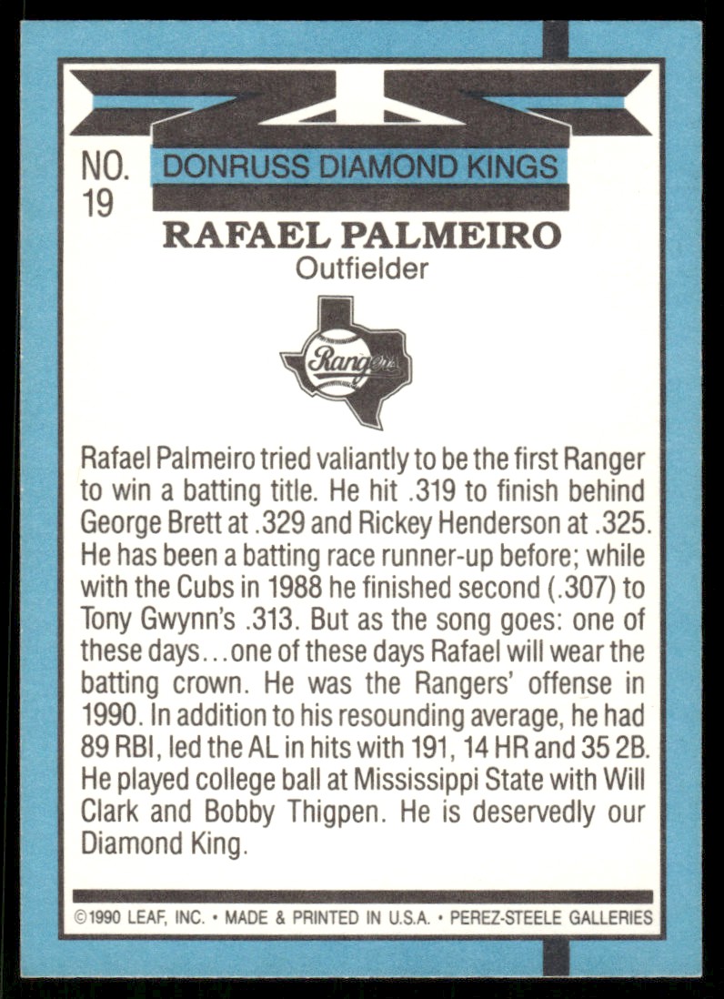 1991 Donruss Diamond Kings Rafael Palmeiro #19 on Kronozio