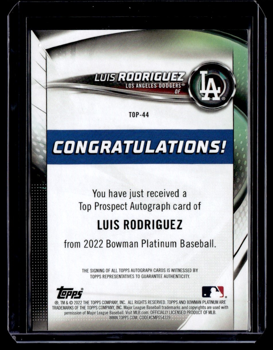 2022 Bowman Platinum Top Prospect Autograph Luis Rodriguez #TOP-44 card back image