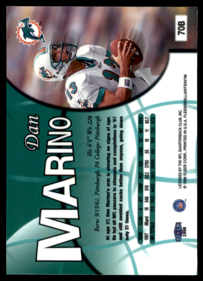 1998 Fleer Brilliants Blue Dan Marino #70B card back image