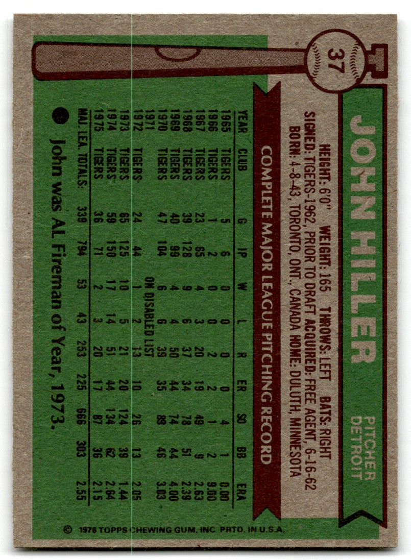 1976 Topps John Hiller #37 card back image