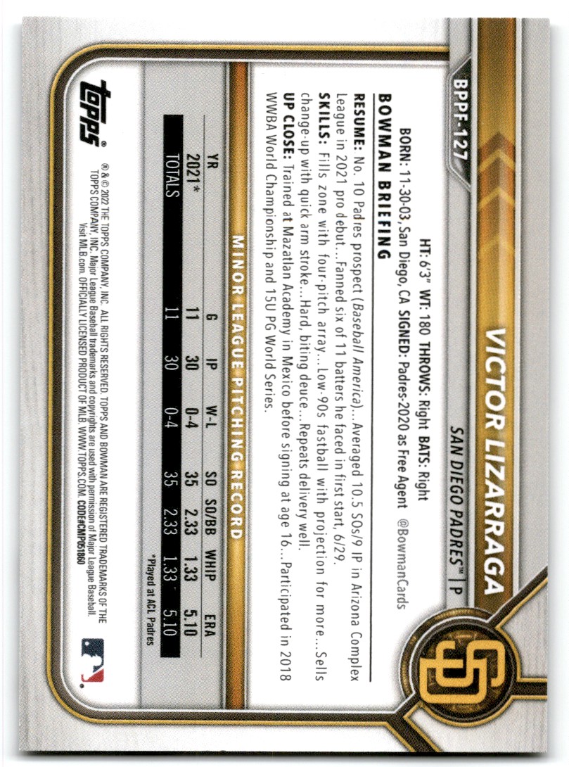 2022 Bowman 1st Edition Victor Lizarraga #BPPF-127 card back image