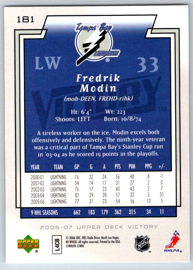 2006-07 Upper Deck Victory Fredrik Modin #181 card back image