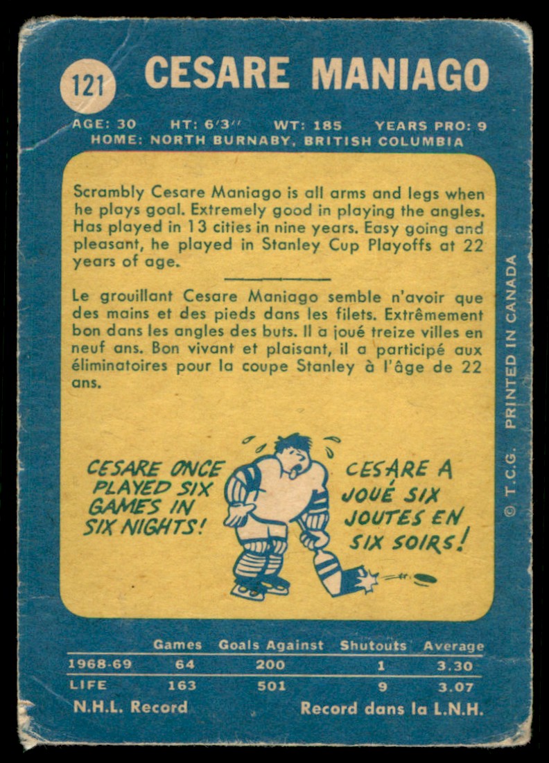 1969-70 O-Pee-Chee Cesare Maniago #121 card back image