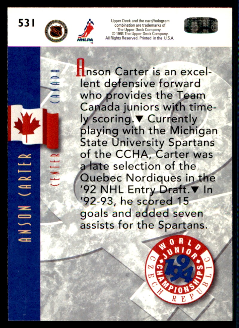 1993-94 Upper Deck Anson Carter #531 card back image
