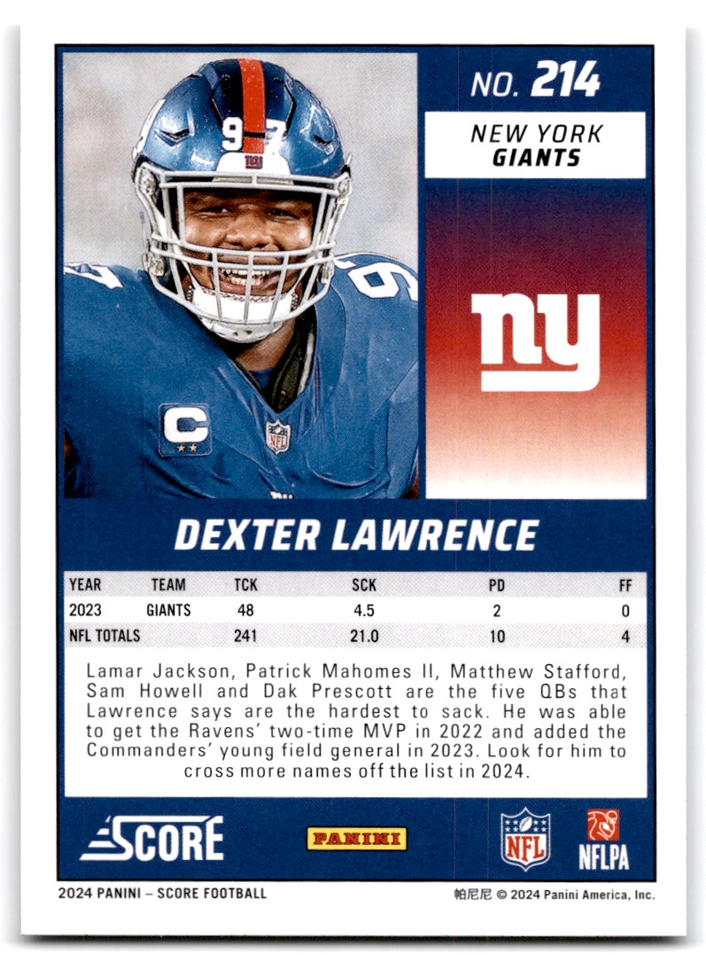 2024 Score Dexter Lawrence New York Giants #214 | eBay