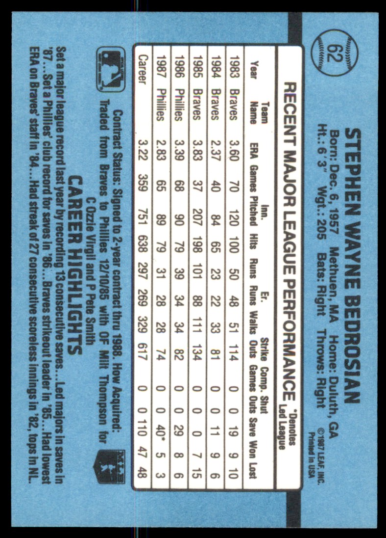 1988 Donruss Steve Bedrosian #62 card back image