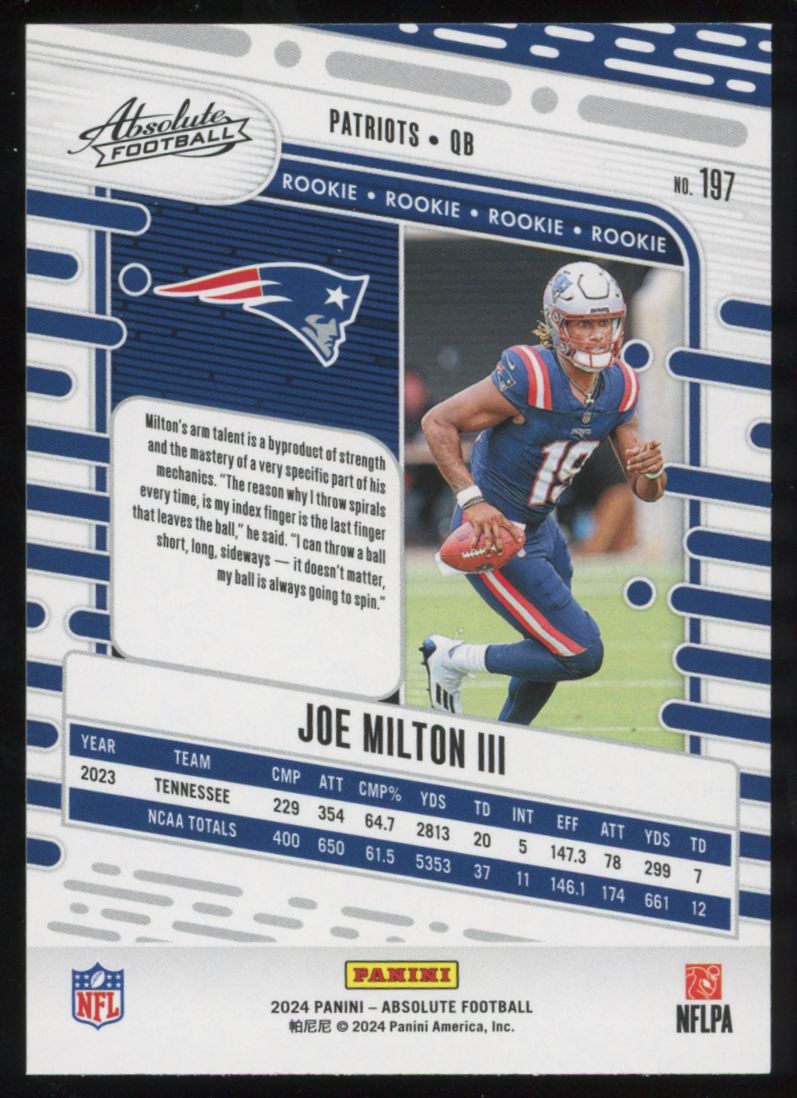 2024 Panini Absolute Joe Milton III #197 card back image