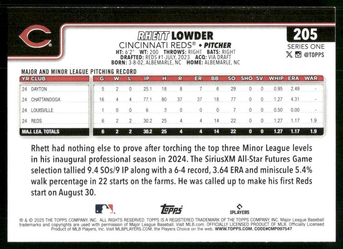 2025 Topps Rhett Lowder #205 card back image