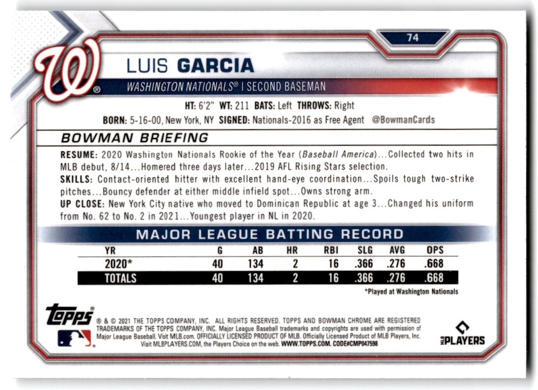 2021 Bowman Chrome Luis Garcia #74 card back image