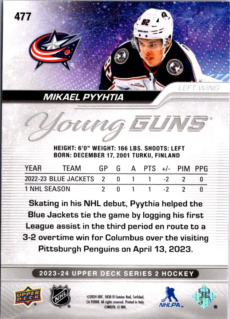 2023-24 Upper Deck Young Guns Mikael Pyyhtia #477 card back image