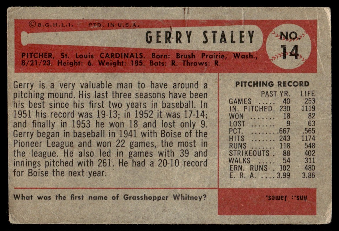 1954 Bowman Gerry Staley #14 card back image