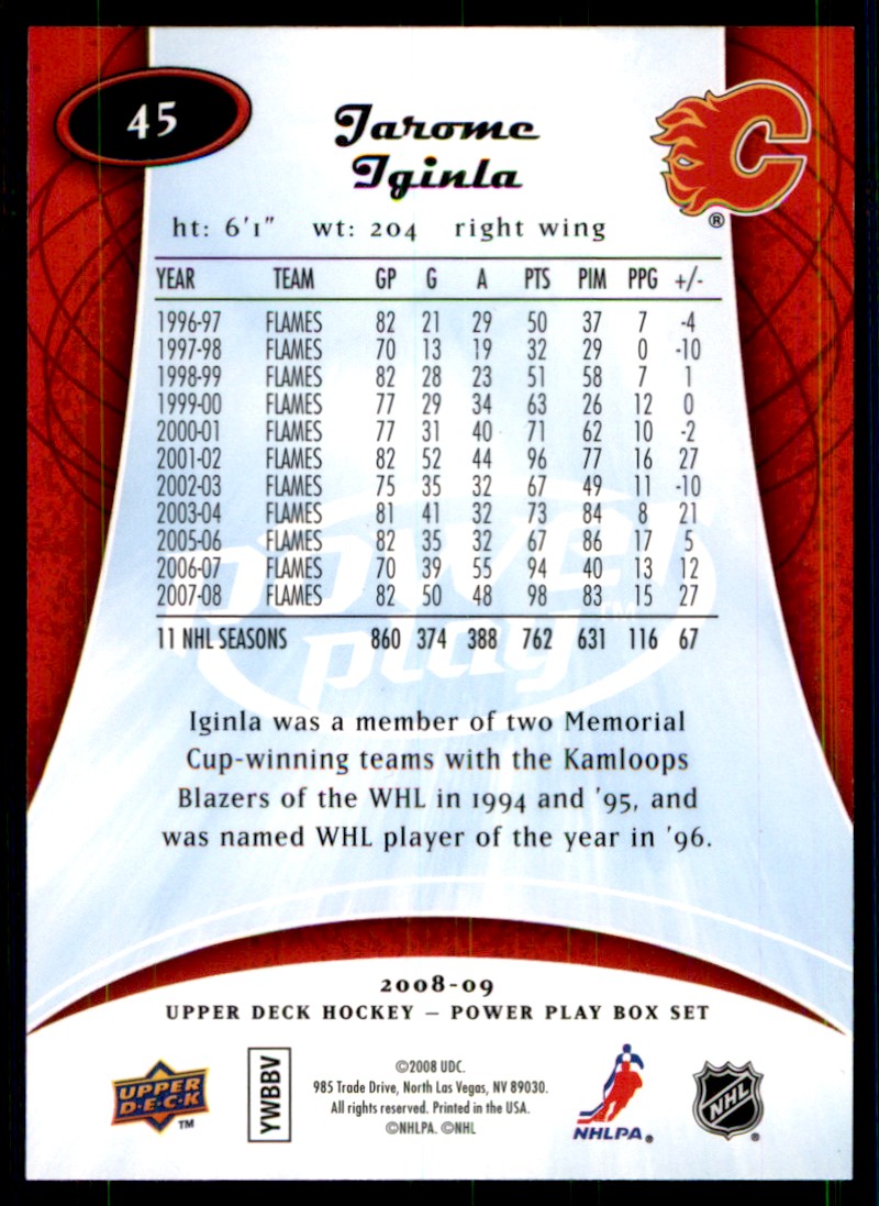 2008-09 Upper Deck Power Play Jarome Iginla Calgary Flames #45 | eBay