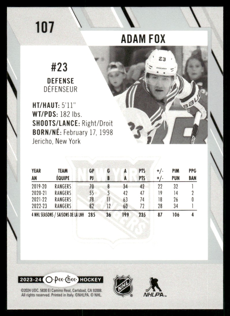 2023-24 O-Pee-Chee Adam Fox #107 card back image