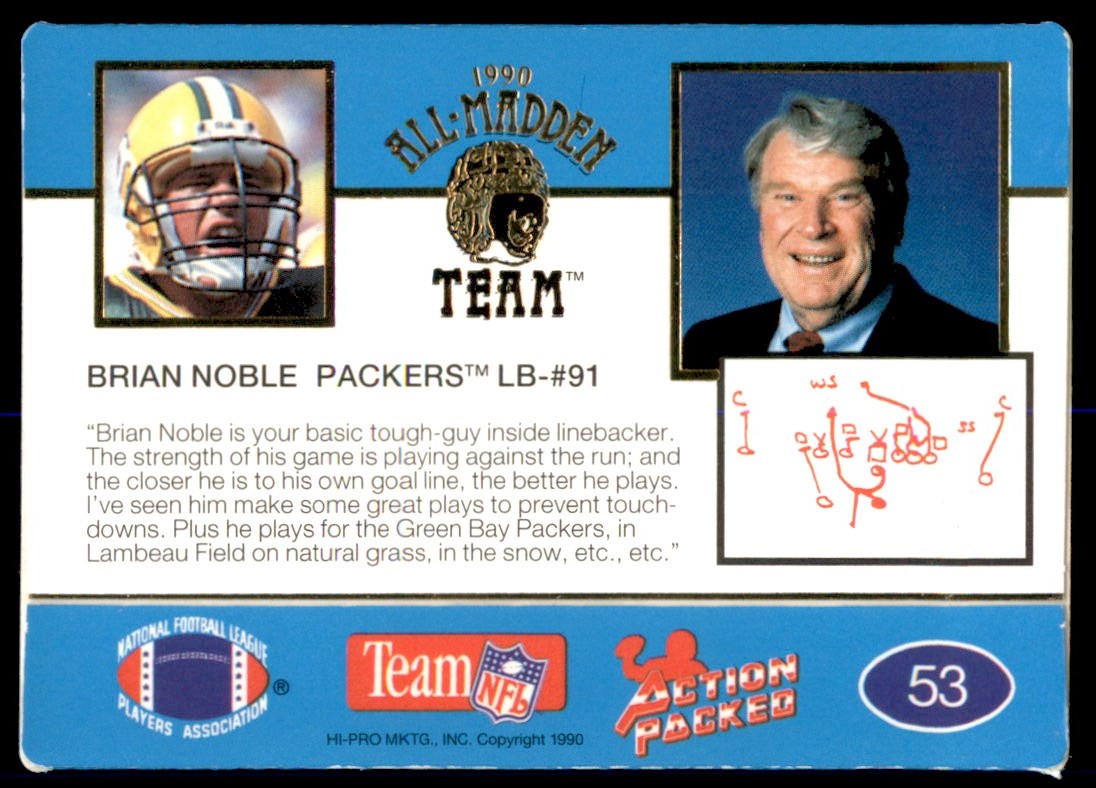 1990 Action Packed All-Madden Brian Noble Green Bay Packers #53 - Picture 2 of 2