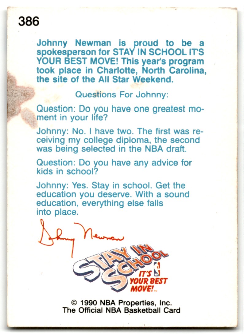 1990-91 Hoops Johnny Newman #386 card back image