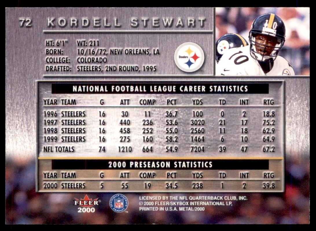 2000 Fleer Metal Kordell Stewart Pittsburgh Steelers #72 | eBay