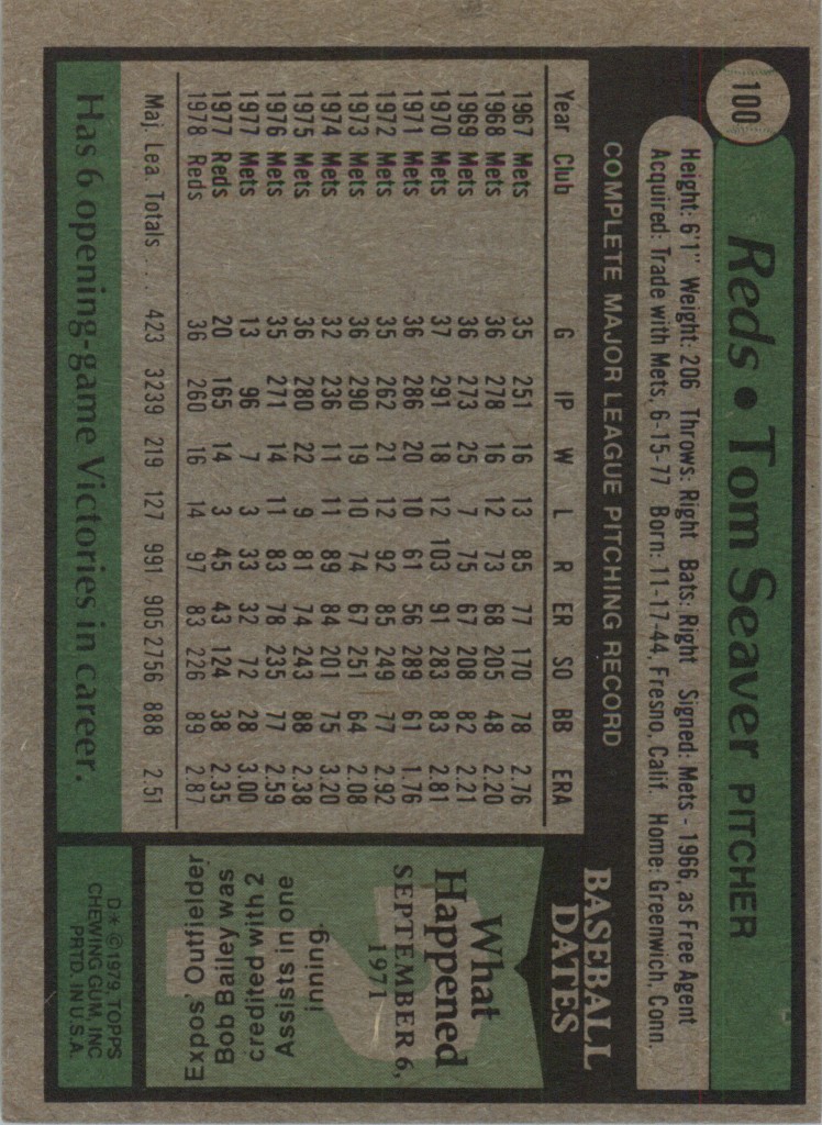 1979 Topps Tom Seaver #100 card back image