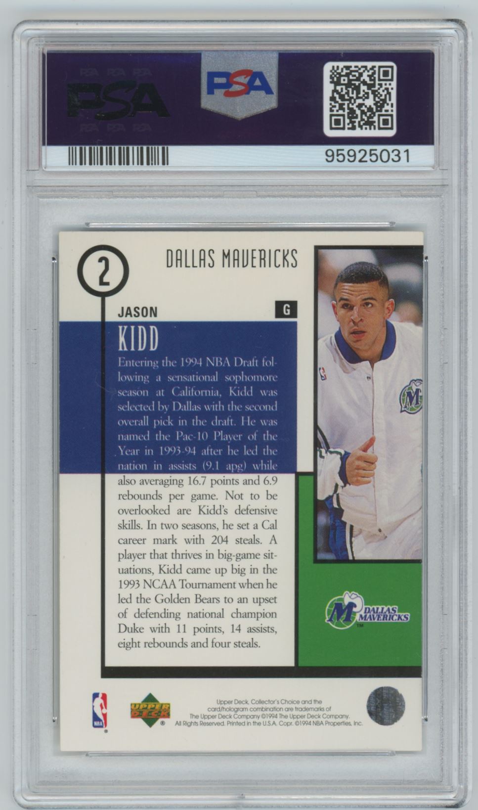 1994-95 Upper Deck Collector's Choice Jason Kidd #2 card back image