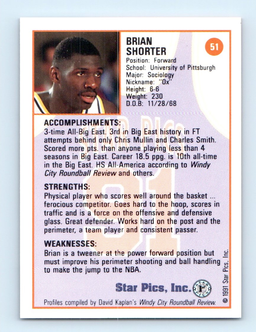 1991-92 Star Pics Brian Shorter #51 card back image