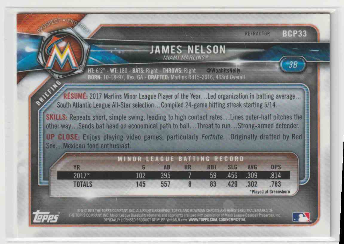2018 Topps Bowman James Nelson #BCP33 card back image