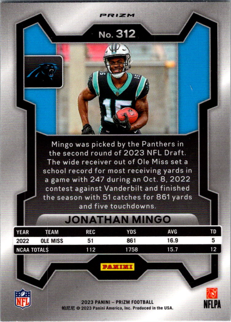 2023 Panini Prizm Rookie Silver Jonathan Mingo #312 card back image