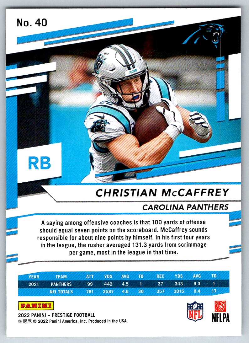 2022 Prestige Panini Christian McCaffrey #40 card back image