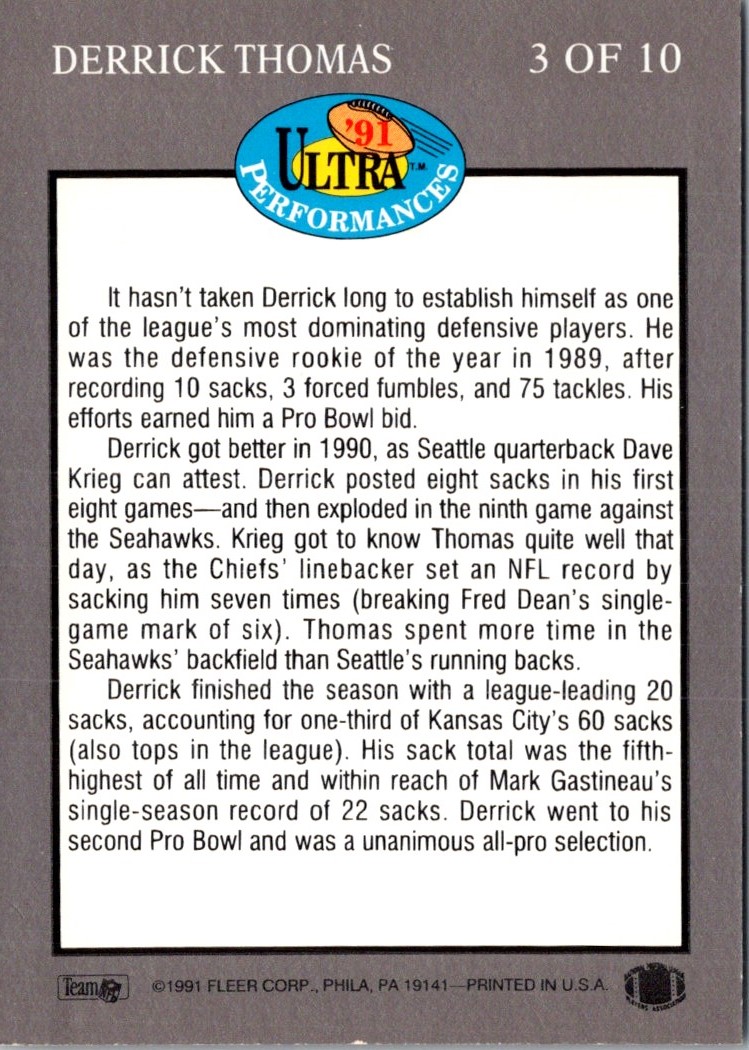 1991 Ultra Performances Derrick Thomas #3 card back image