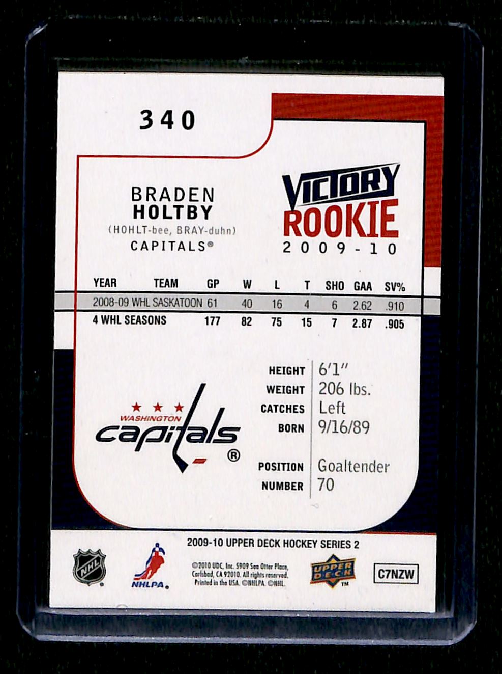 2009-10 Upper Deck Victory Rookie Braden Holtby RC #340 card back image